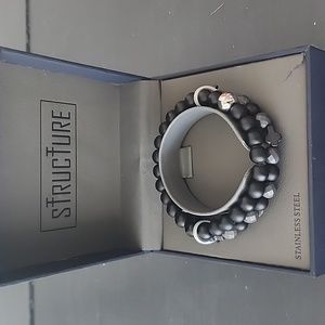 Structure Stainless steel and black bead stretchy bracelet set of 2.